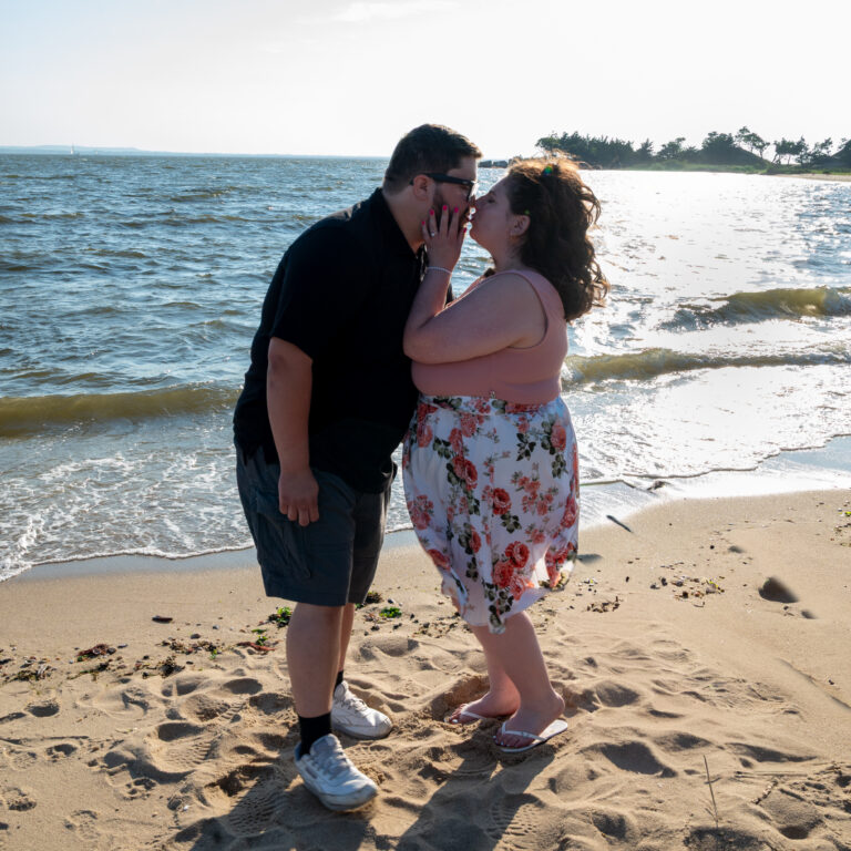 Kaylan and Joe Engagement picture sealed with a kiss at Sandy Hook Beach, NJ
