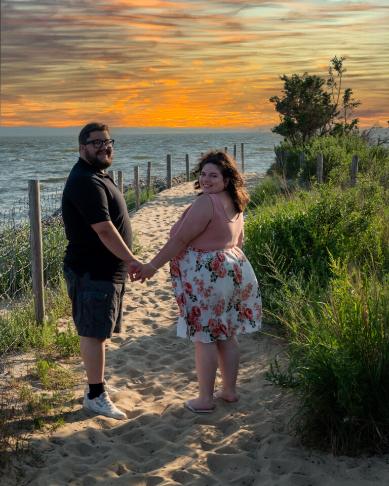 Kaylan and Joe Engagement picture walking into forever, taken at Sandy Hook, NJ